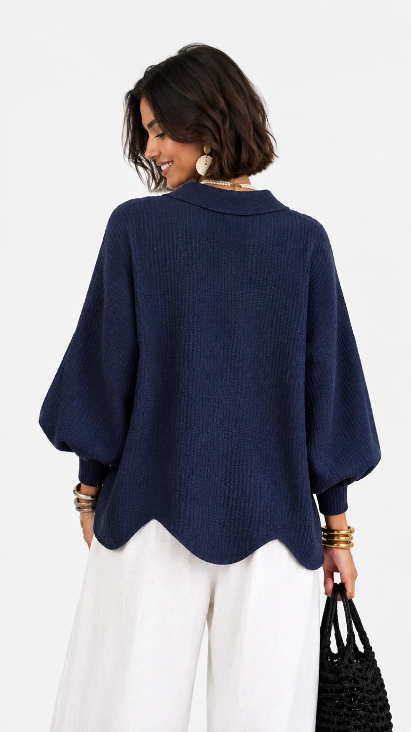 Chaqueta de punto cuello polo manga abullonada bajo ondulado