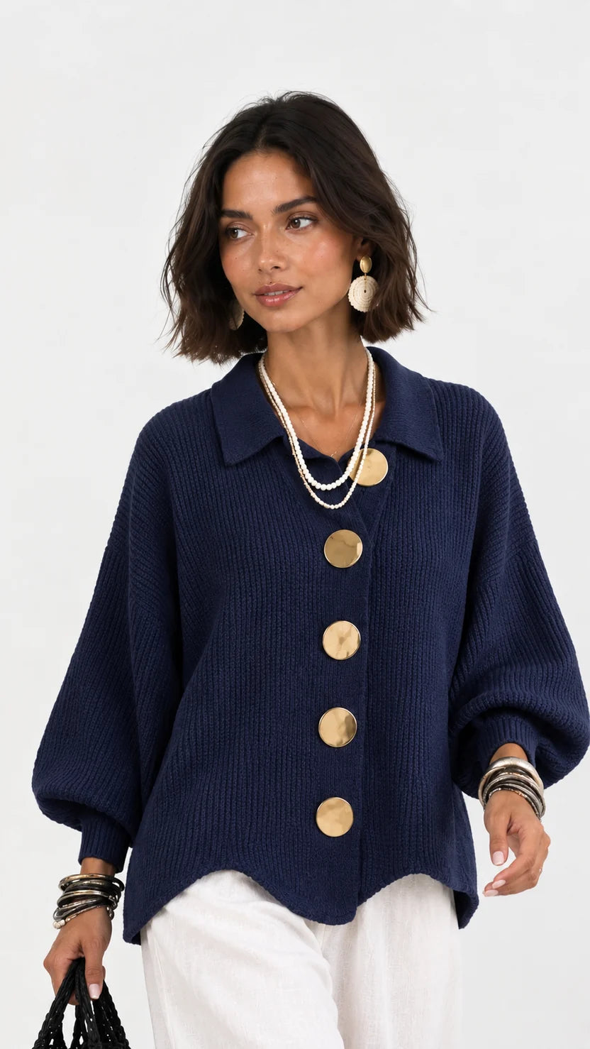 Chaqueta de punto cuello polo manga abullonada bajo ondulado