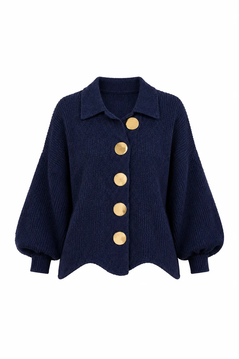 Chaqueta de punto cuello polo manga abullonada bajo ondulado