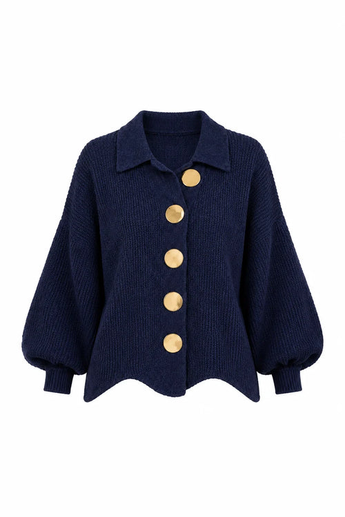 Chaqueta de punto cuello polo manga abullonada bajo ondulado